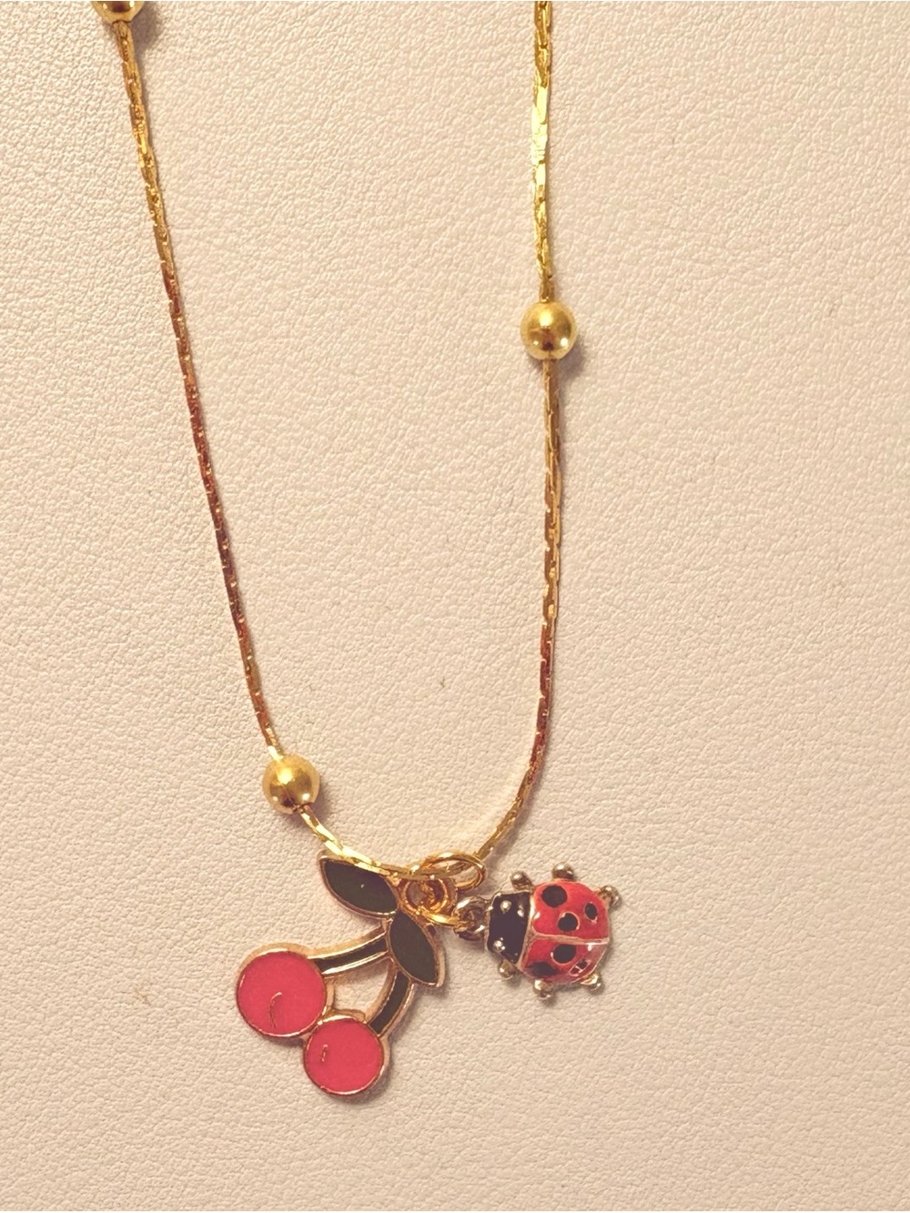 Y2K Cherry ladybug gold tone necklace